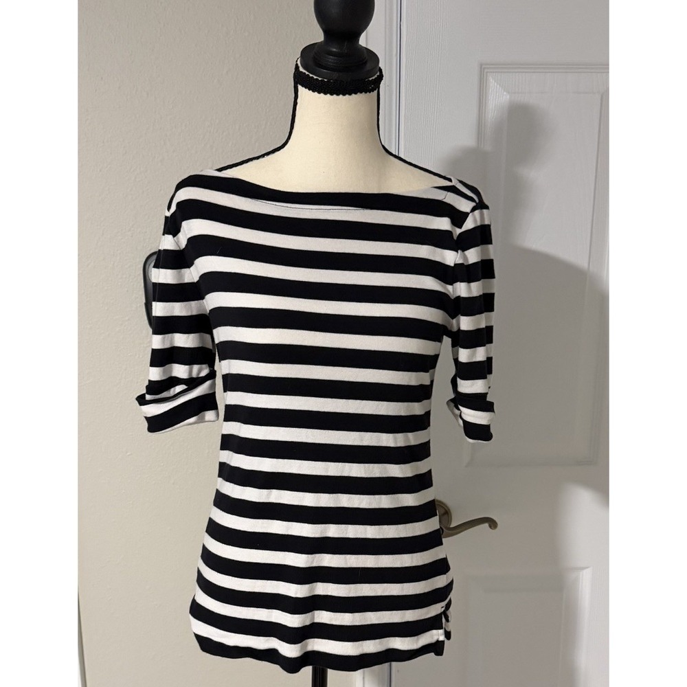 Lauren Ralph Lauren Black White Stripe Boat Neck Top Medium